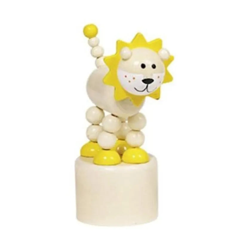 The Animal Push-up Lion is crafted from round wooden beads, featuring a yellow mane and tail, and stands on a small base. This classic toy showcases simple painted details with a fidgety, whimsical design—ideal as a stocking filler.