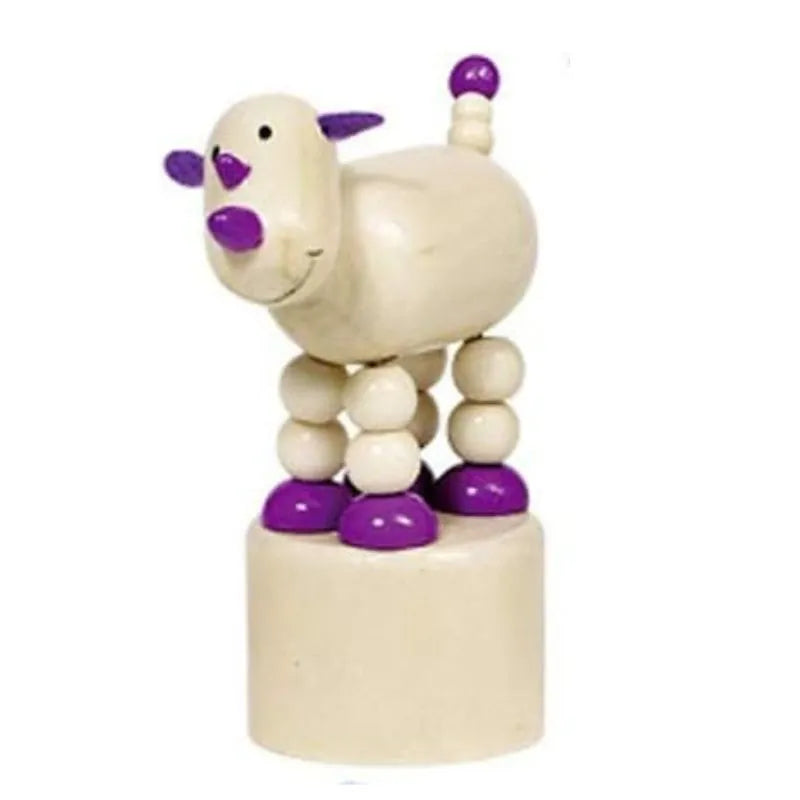 A charming wooden toy rhino featuring a cream body with purple accents on its ears, nose, feet, and tail. This delightful stocking filler stands on a circular base made of round wooden segments—a perfect traditional toy for any collection.