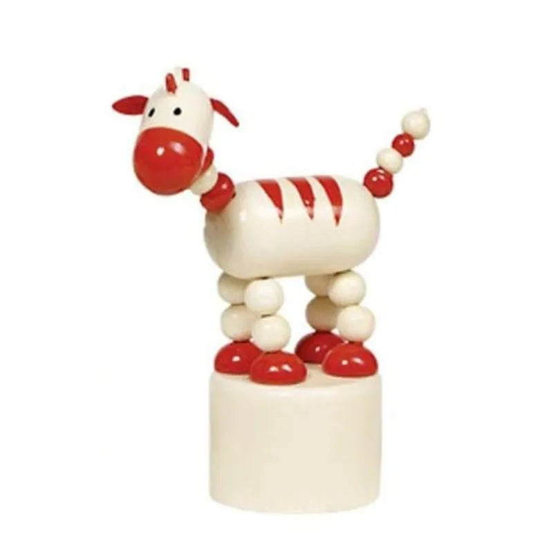 The Animal Push-up Zebra is a delightful wooden fidgety toy designed with red and white stripes and stands on a round base. It showcases charming details such as a red snout, ears, hooves, and features beaded tail and legs. This playful classic toy serves as an ideal stocking filler.