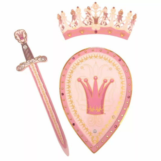 An Liontouch Queen Rosa Set Sword, Shield, Crown AS SEEN ON THE LATE LATE TOY SHOW featuring a pink shield and sword with a crown on it, part of the Queen Rosa accessory set.