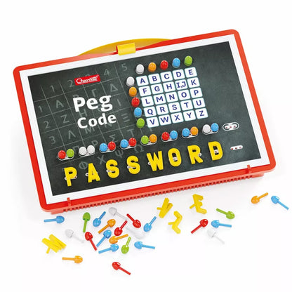 A Quercetti Peg Code game with letters and numbers on it.