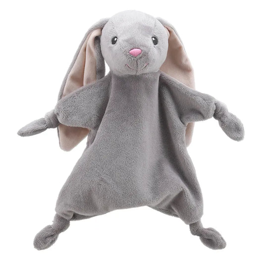 A plush toy in the shape of a gray rabbit with long ears, a pink nose, and a soft, floppy body made from recycled plastic bottles. The Comforter Rabbit Wilberry ECO has outstretched arms and legs, appearing cuddly and inviting for sensory play or comfort.