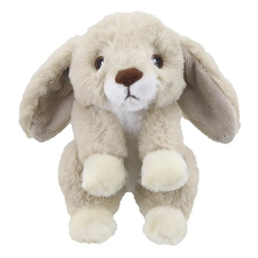 The Wilberry Eco Mini Rabbit is a soft, light brown plush with floppy ears, white paws, and a small brown nose, made from eco-friendly recycled materials.