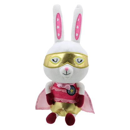 A Wilberry Super Hero Rabbit of a bunny dressed as a superhero. The bunny has long ears with pink polka dots, a golden mask, pink superhero suit, and golden shorts. It also has a pink cape and stands with its hands on its hips—perfect for imaginative play or as a charming birthday present!