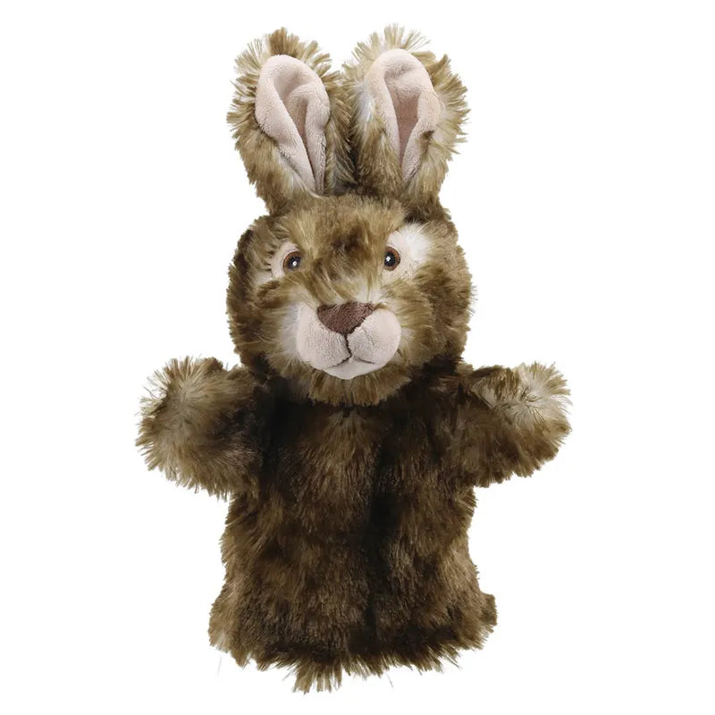 A ECO Puppet Buddies Wild Rabbit Hand Puppet with brown fur and large ears stands upright, facing forward, with its arms slightly outstretched.