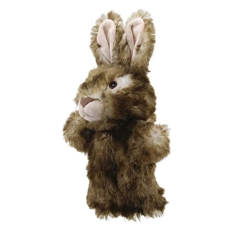 A plush toy ECO Puppet Buddies Wild Rabbit Hand Puppet with long, upright ears lined with pink fabric, crafted as a hand puppet, featuring soft brown fur and a lighter snout, standing upright against a white background.