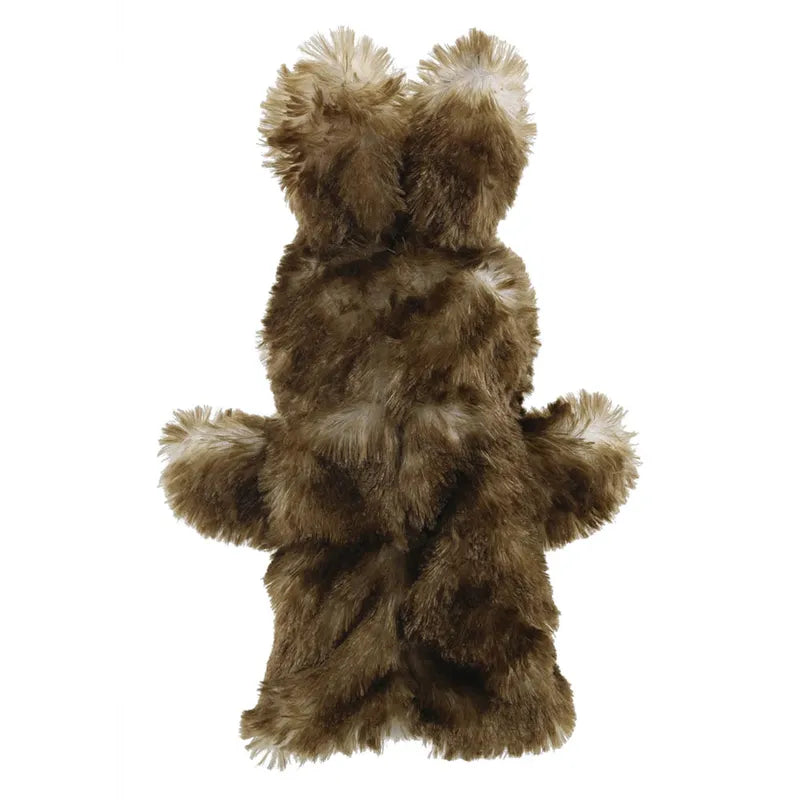 A ECO Puppet Buddies Wild Rabbit hand puppet with outstretched paws and contrasting white tips on the edges of the feet and head, displayed on a plain white background.