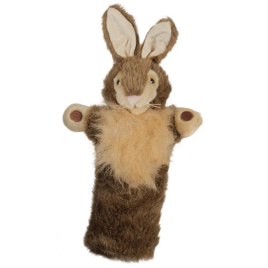 Introducing the Puppet Company Long Sleeved Puppet Rabbit: a charming hand puppet featuring a brown and beige color scheme, large ears, button eyes, and a fluffy chest. Crafted from soft plush material, it has outstretched arms and is perfect for puppet theatre.