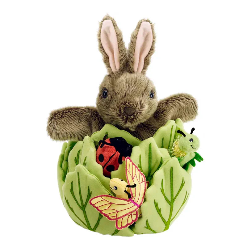 The Puppet Company Hide-Away Rabbit features a soft rabbit in a plush green cabbage with embroidered leaves, plus cute finger puppets shaped like a ladybug, butterfly, and caterpillar.