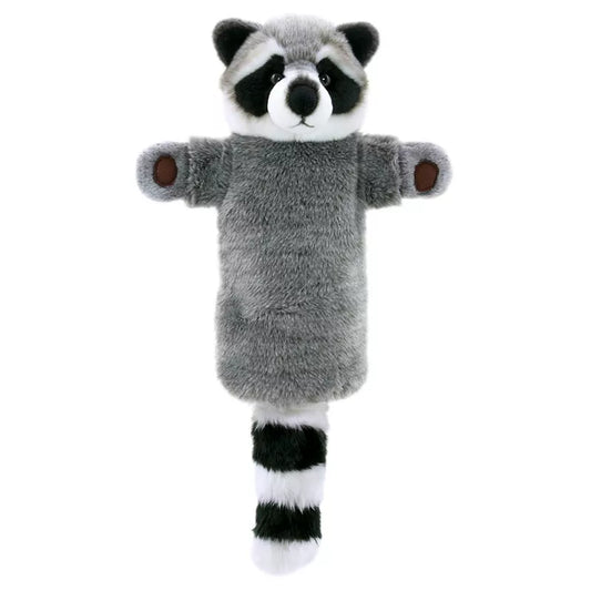The Puppet Company Long Sleeved Puppet Raccoon, made from hand-puppet materials, is standing on a white background.