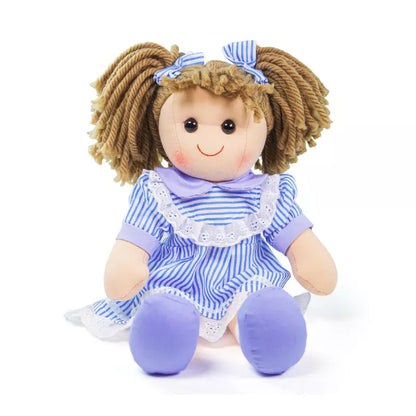 A Bigjigs Amelia Doll Large with braids sitting on a white surface.