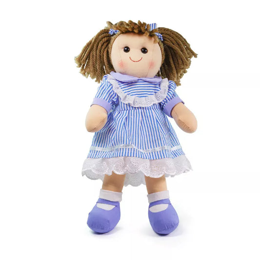 A Bigjigs Amelia Doll Large with brown hair wearing a blue dress.