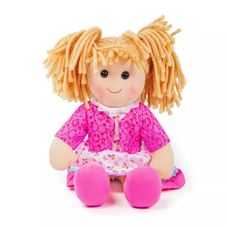 A Bigjigs Becky Doll Large with blonde hair sitting on a white surface.