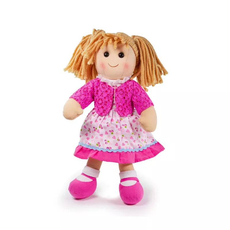 A Bigjigs Becky Doll Large with blonde hair wearing a pink dress.