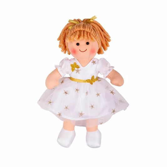 A Bigjigs Charlotte Doll Small wearing a white dress.