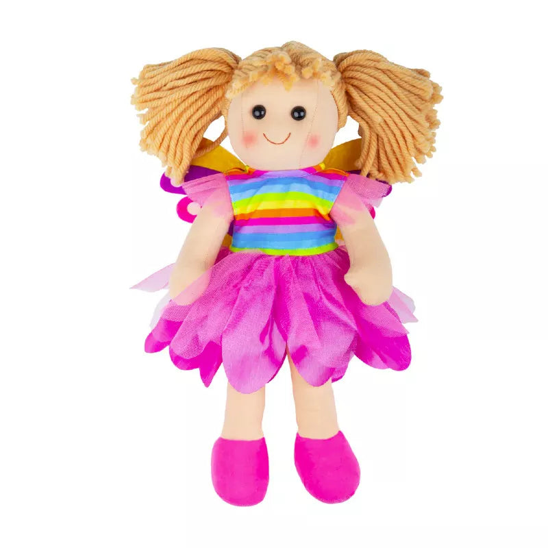A Bigjigs Chloe Doll Medium with blonde hair wearing a rainbow dress.