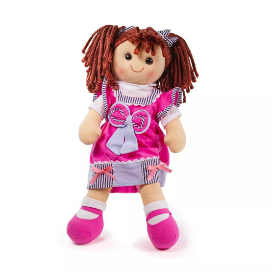 A Bigjigs Emma Doll Large with red hair and a pink dress.