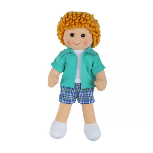 A Bigjigs Jacob Doll Small with orange hair and blue shorts.