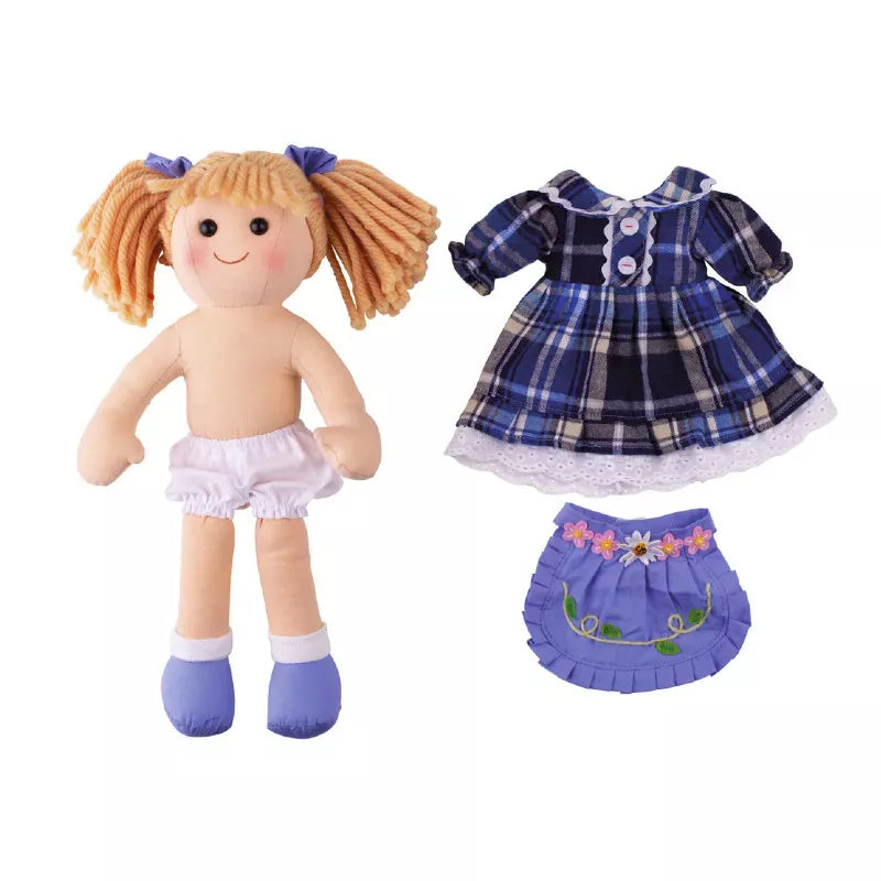 A Bigjigs Katie Doll Medium with a dress and diaper next to a doll.