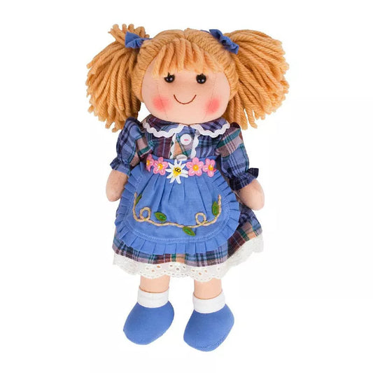 A Bigjigs Katie Doll Medium with blonde hair wearing a blue dress.