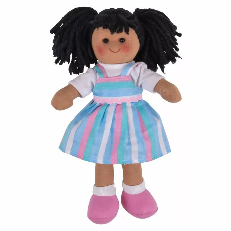 A Bigjigs Kira Doll Small with black hair wearing a blue and pink dress.
