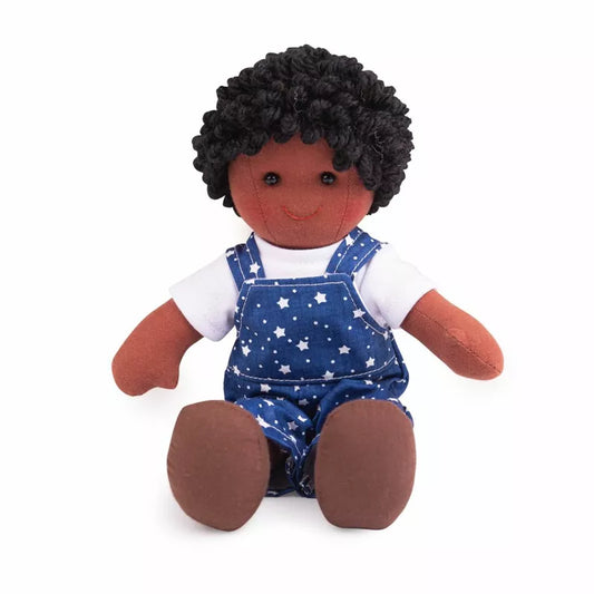 A Bigjigs Leon Doll Small with a white shirt and blue overalls.