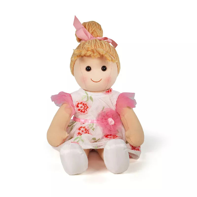 A Bigjigs Megan Doll Medium sitting on a white surface.