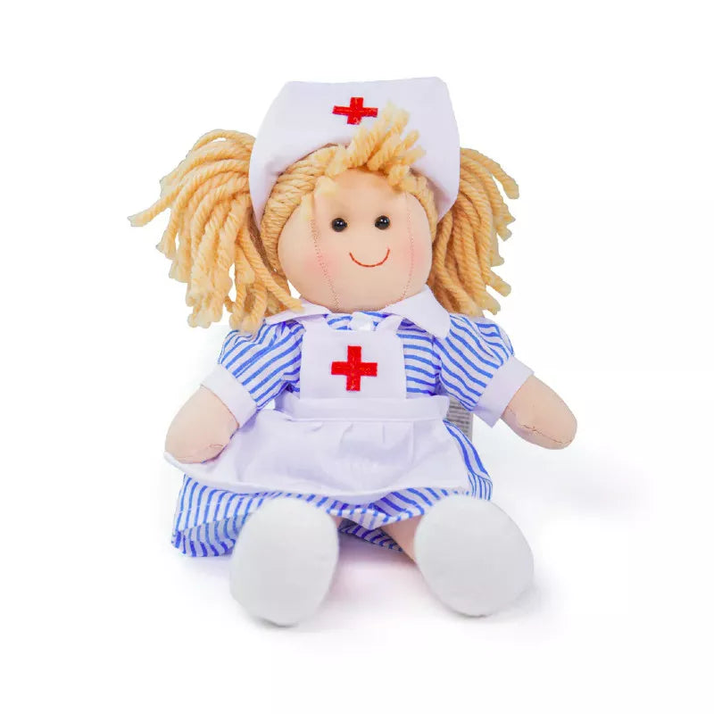 A Bigjigs Nurse Nancy Doll Small with blonde hair and a red cross on it.