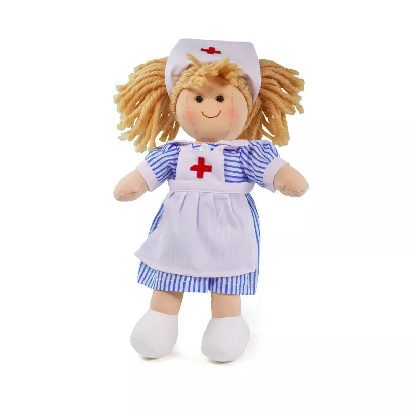 A Bigjigs Nurse Nancy Doll Small with blonde hair wearing a nurse's outfit.