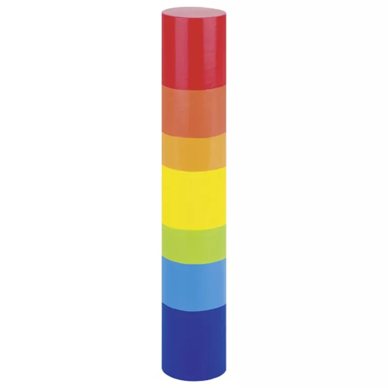 The Goki Rain Stick is a colorful sensory toy shaped like a cylinder that creates soothing rain-like sounds when turned.