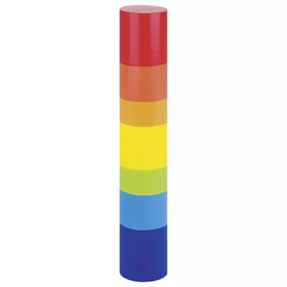The Goki Rain Stick is a colorful sensory toy shaped like a cylinder that creates soothing rain-like sounds when turned.