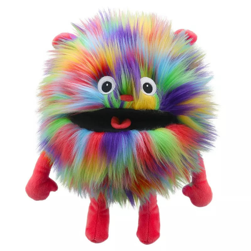 A Baby Monster Rainbow hand puppet, with a head a large as a melon. It has big sweet eyes and is mouth moving.