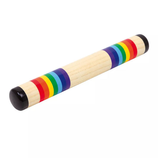 A Rainstick Colourful with multi colored stripes on it.