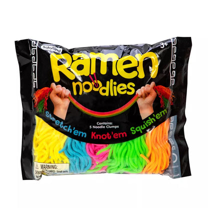 A colorful package of Ramen Noodlies NeeDoh fidget toy, which are stretchy and squishy noodle-like toys, presented with hands stretching a multi-colored noodle to showcase its elasticity