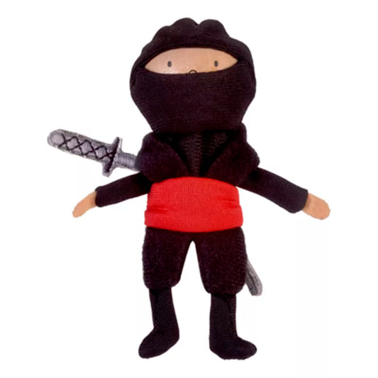 Plush Fiesta Crafts Red Ninja Finger Puppet with a sword, dressed in traditional black and red attire, ready for some stealthy imaginative and social play.