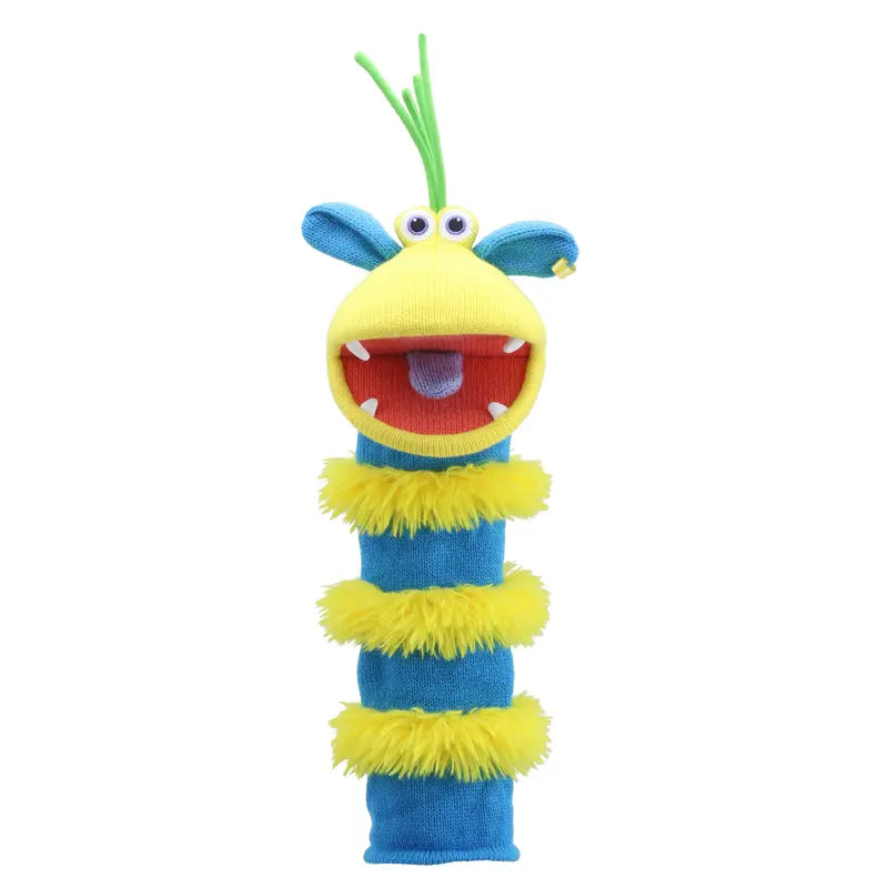 The Puppet Company Sockette Puppet Ringo is a colorful hand puppet with blue and yellow stripes, fuzzy yellow bands, googly eyes, green antennae, blue ears, and a moving mouth for extra playtime fun.