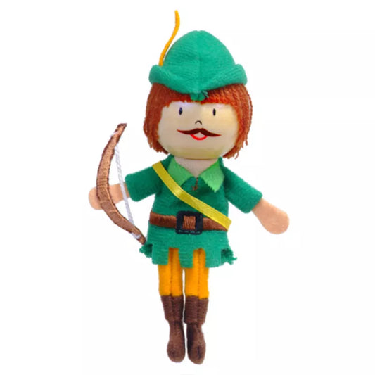 A Fiesta Crafts Robin Hood Finger Puppet depicting a whimsical interpretation of Robin Hood, complete with a green hat with a feather, a bow in hand, and dressed in a traditional Lincoln green outfit.