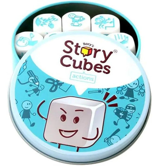 A circular tin labeled "Rory's Story Cube Actions," ideal for enhancing communication skills, with a colorful design and cartoon images on the lid, including a smiling cube and various action icons.