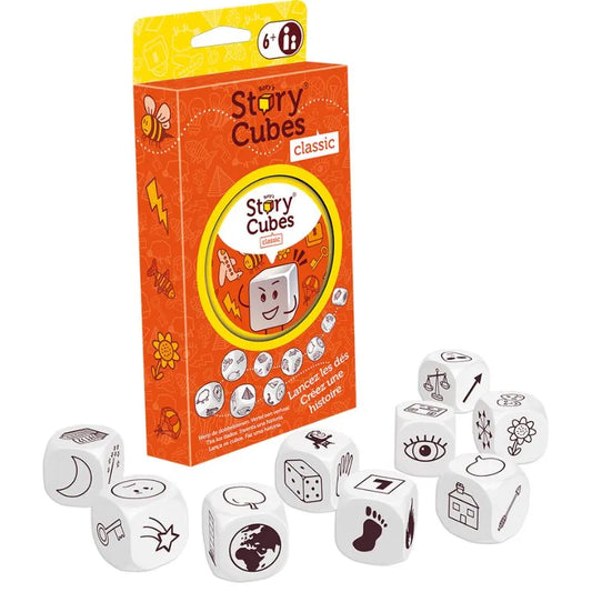 Image of a box labeled "Rory's Story Cube Classic" beside nine dice, each with various icons like an eye, clock, hand, etc., meant to enhance storytelling game skills.