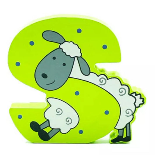 A green and white Wooden Letter Animal – S with a sheep on it.