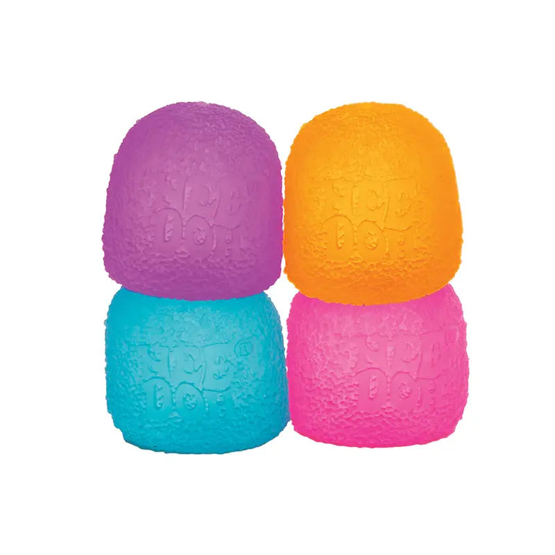 Four dome-shaped Gumdrop Needoh sensory toys in purple, orange, blue, and pink are arranged in a 2x2 grid on a white background—ideal as fidget toys for stress relief.