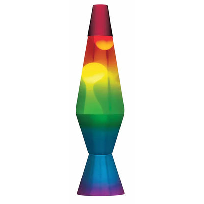 Meet the 14.5" Rainbow LAVA Lamp, a colorful sensory delight with swirling red, orange, yellow, green, and blue blobs. Housed in a tapered glass container and metallic gradient base and cap, it turns any room into a vibrant kaleidoscope of colors.