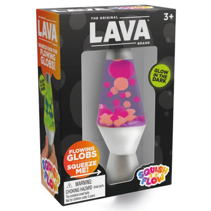 The Lava Squish N Flow Needoh is a boxed toy lava lamp with pink and orange flowing globs. Packaging says "Glow in the dark" and "fun fidget toy," and warns of a choking hazard for kids under 3.