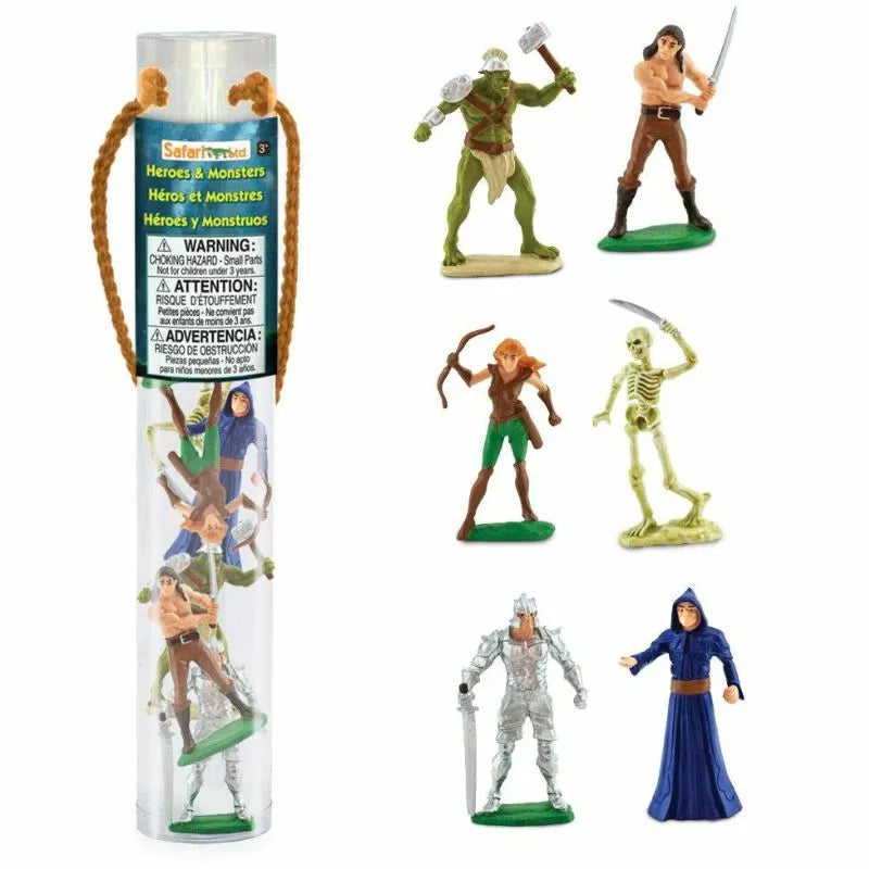 A tube filled with TOOBS® Figurines Heroes & Monsters, ranging from fantasy heroes to menacing villain figurines.