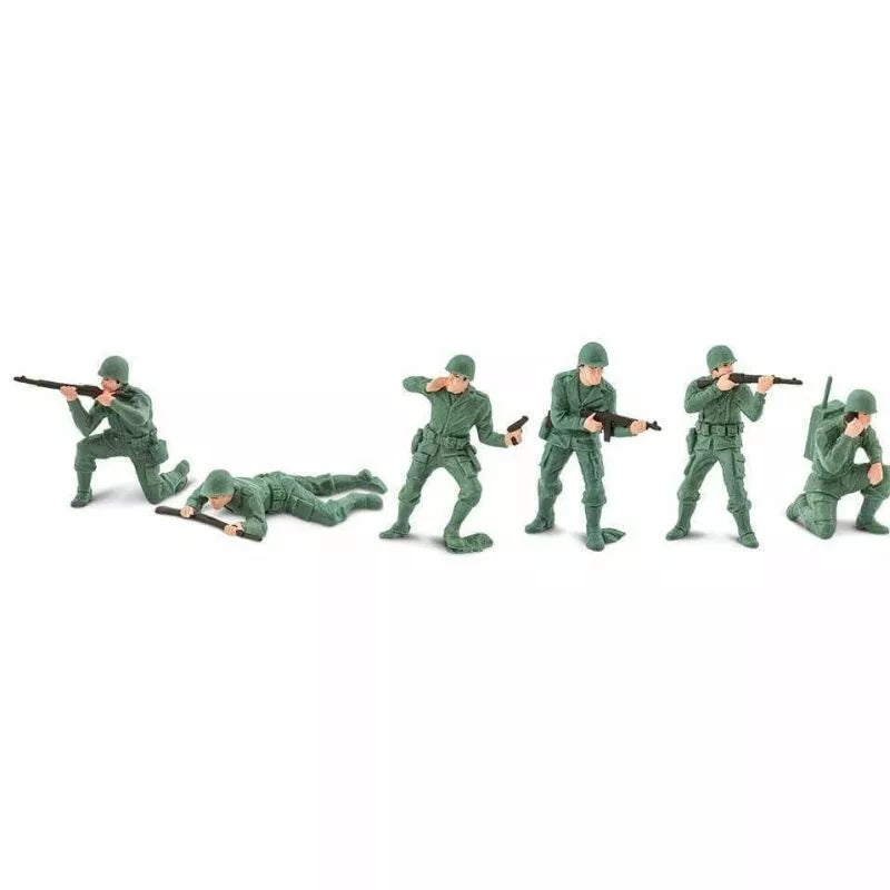 A series of five green TOOBS® Figurines Army Men in various combat positions including crawling and kneeling, isolated on a white background.