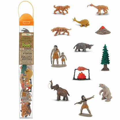 A set of TOOBS® Figurines Prehistoric Life, including dinosaurs and animals, neatly packed in a plastic bag.