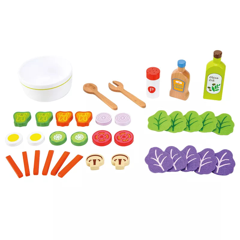 The New Classic Toys Salad Set Pretend Playfood is shown with a bowl and spoon.