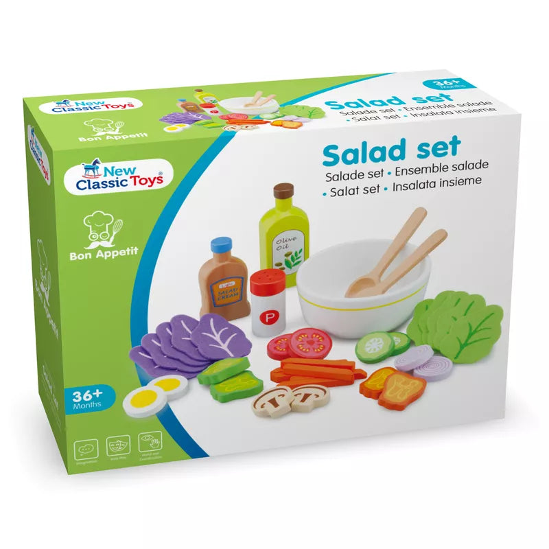 a picture of the New Classic Toys Salad Set Pretend Playfood in a box.