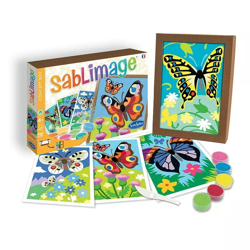 A Sentosphere Sand Art Butterflies kit with coloured sand and a spoon.