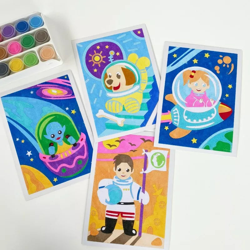 A set of Sentosphere Sand Art Galaxy cards and paints.